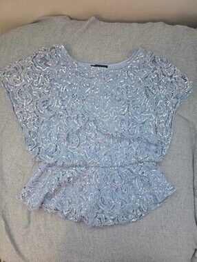 Alex Evenings Light Blue Sequin Lace Peplum Top